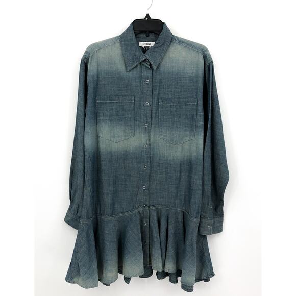 RE/DONE Womens Curved Seam Oxford Dress Small Amore Indigo Blue Long Sleeve NWT - Picture 1 of 9